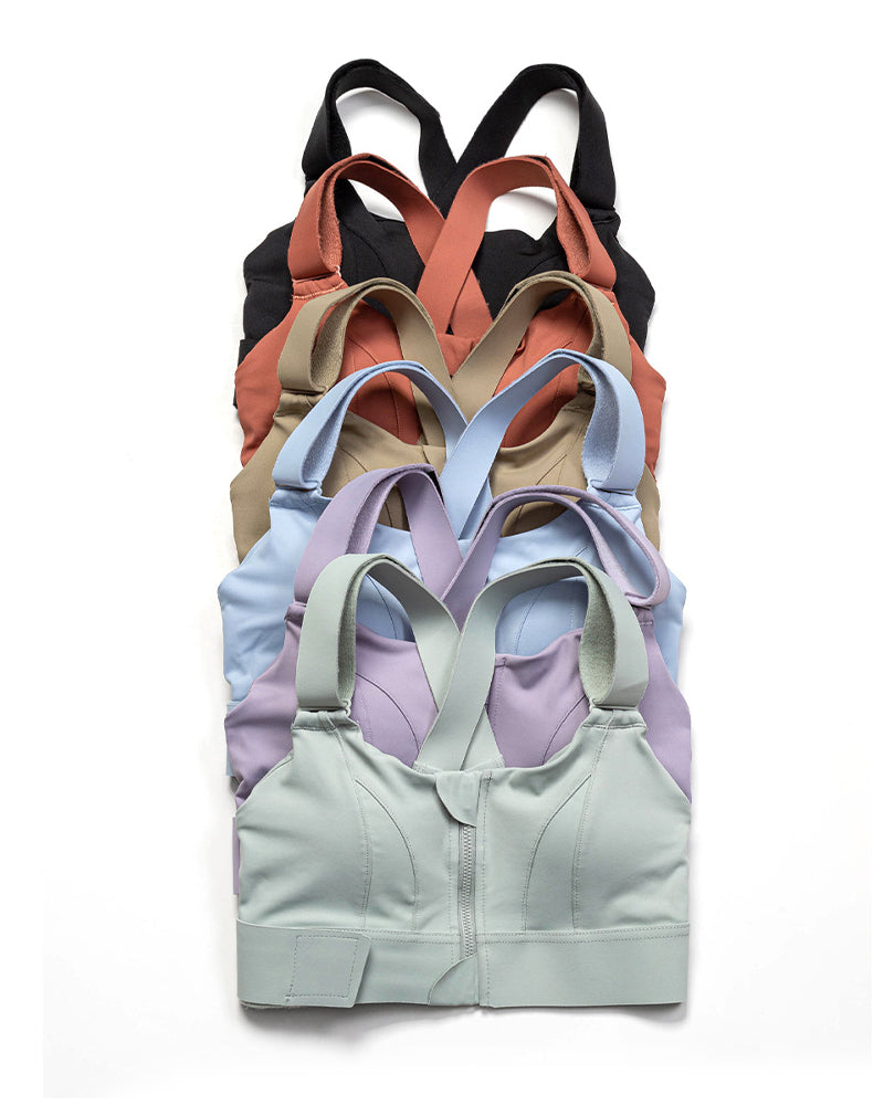 Women's Zipper Front High-Strength Support Adjustable Straps Cross Back Short Fitness Sports Bra