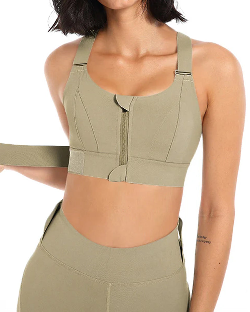 Women's Zipper Front High-Strength Support Adjustable Straps Cross Back Short Fitness Sports Bra